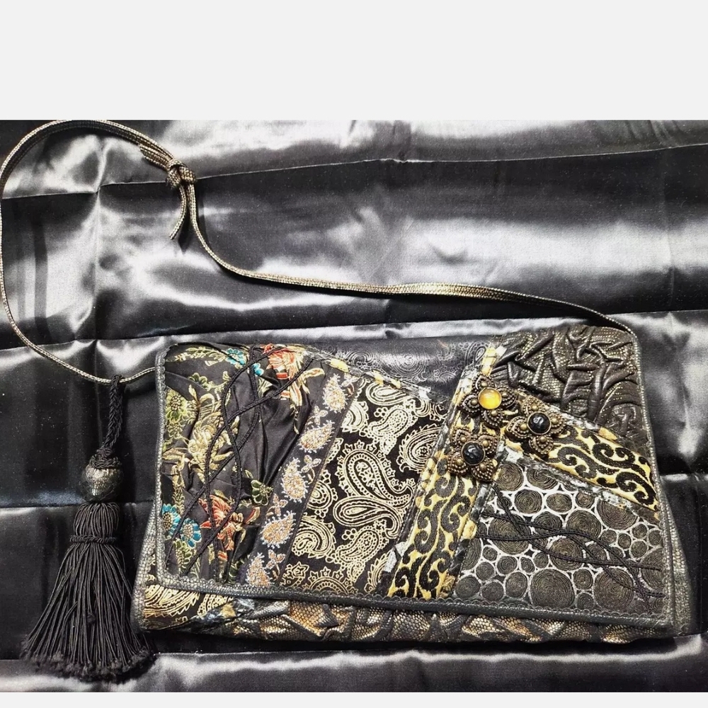 Vintage Carlo Fiori Purse Multicolor Brown Leather Crossbody Clutch Embellished
